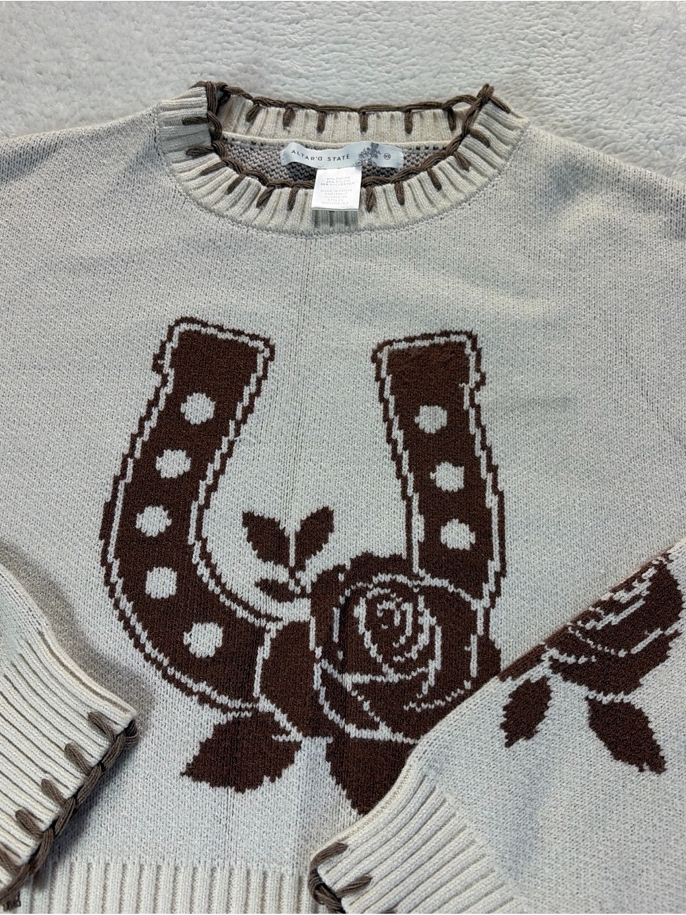 Altar'd State Cream Sweater with Brown Horseshoe & Rose Motif